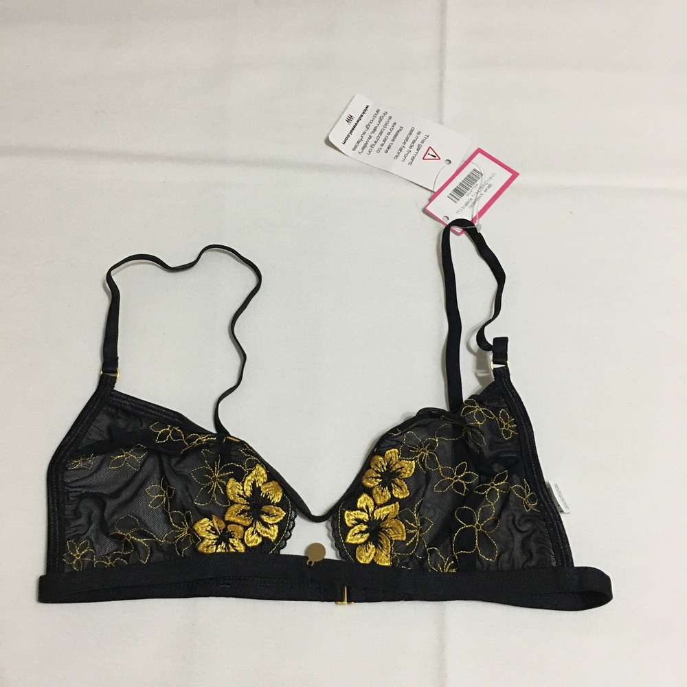 Wicked Weasel Bralette Womens Small Black Gold Embroidered Floral Sheer Mesh NWT